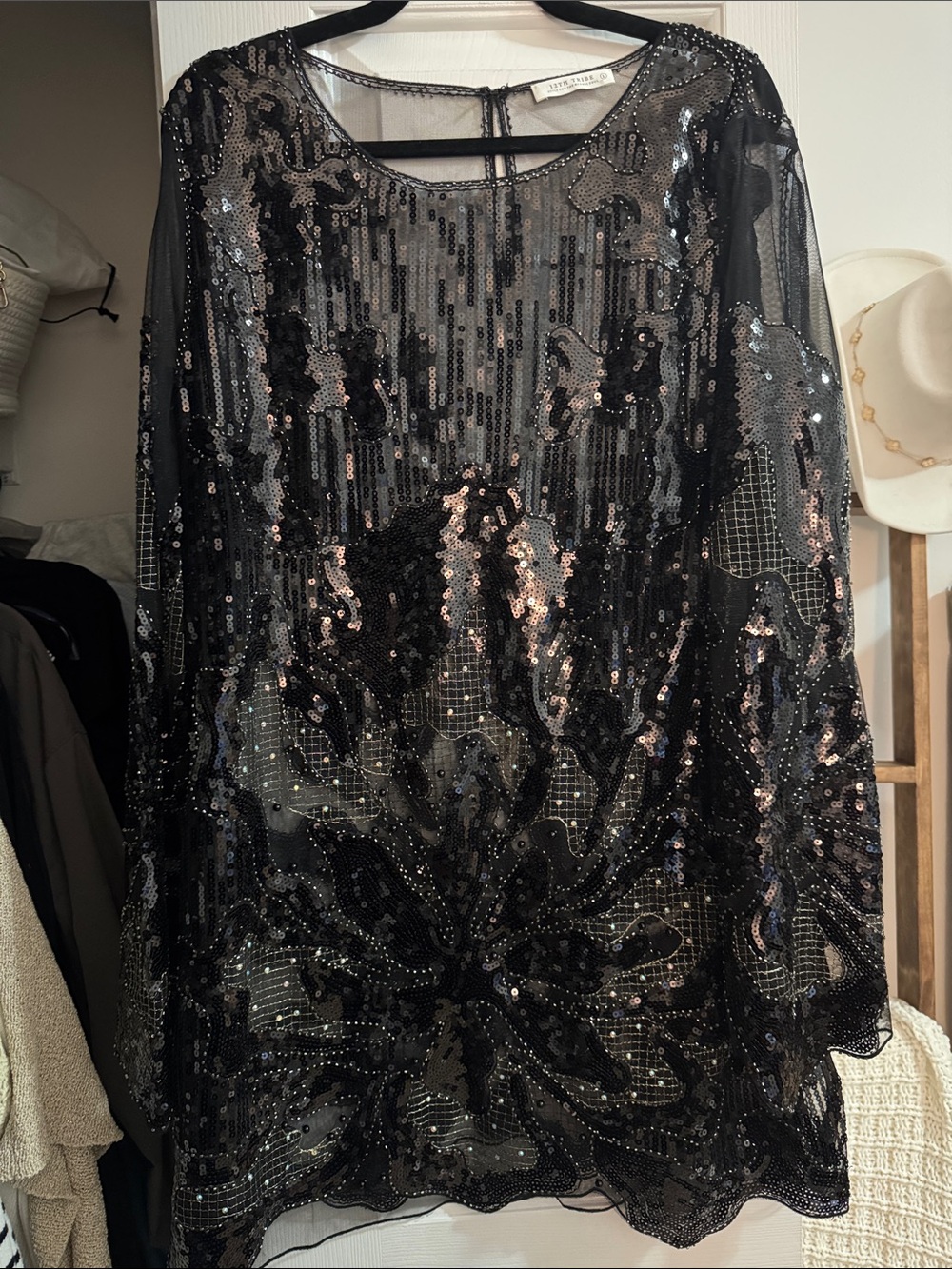 12th Tribe Black Sequin Mesh Long Sleeve Dress